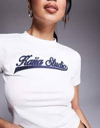 Kaiia Studio embroidered logo baby tee in cream & navy - part of a set | ASOS