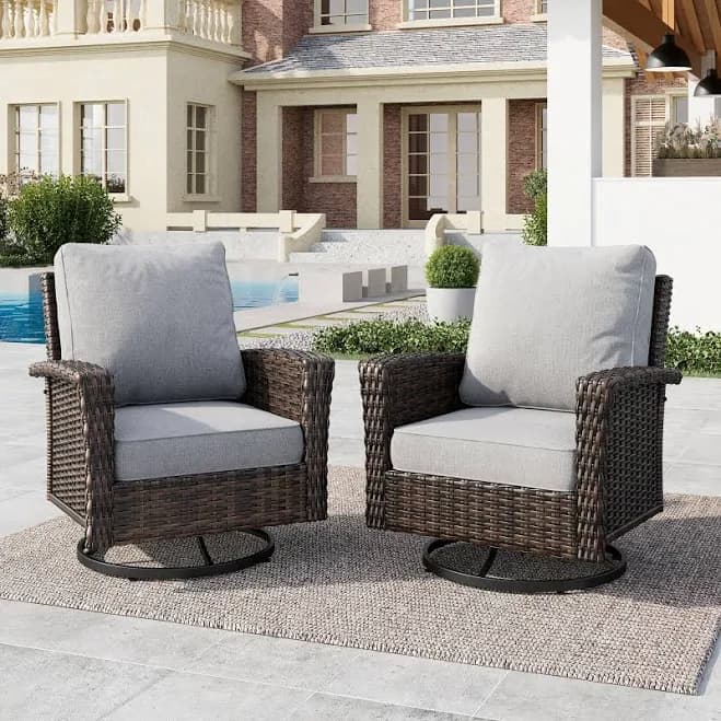 2-Piece Outdoor Swivel Wicker Patio Club Lounge Chairs with Backrests and Cushions