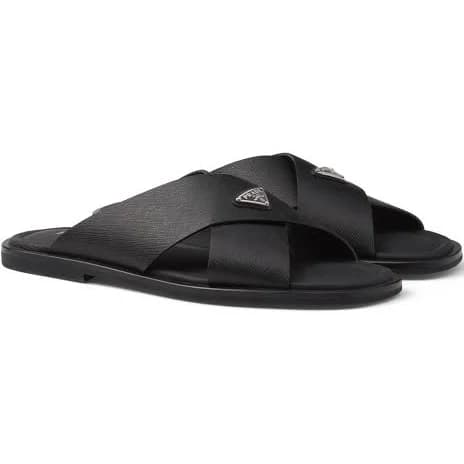Prada Men's Saffiano Leather Crisscross Slides