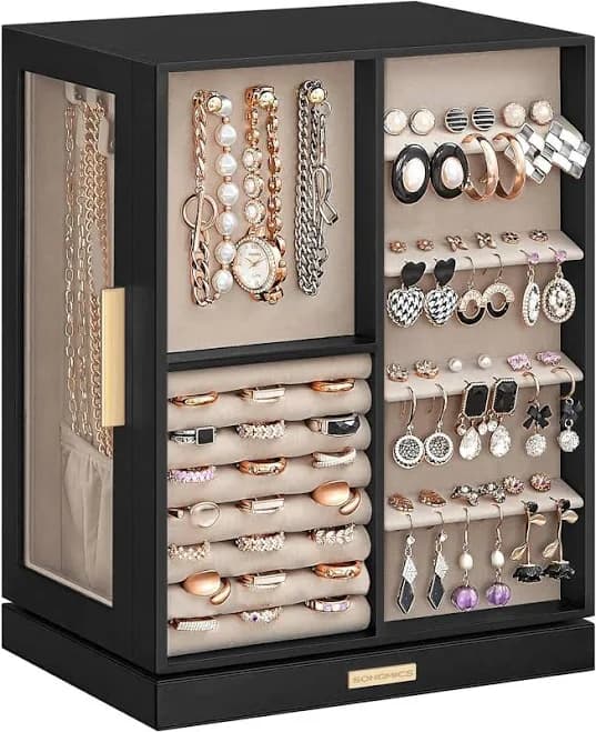 SONGMICS 360° Rotating Jewelry Box with Glass Window and 5 Drawers