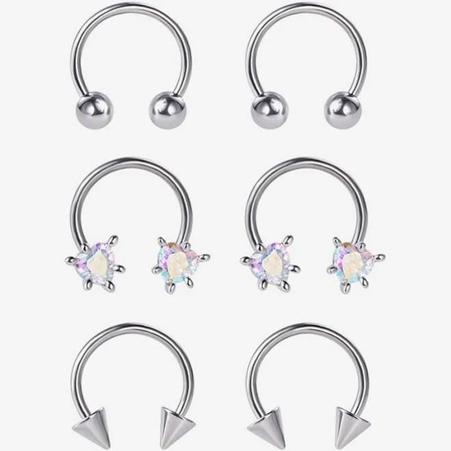 Steel Silver Iridescent Gem & Spike Circular Barbell 6 Pack