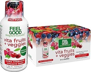 FeelGood Superfoods Vita Fruits and Veggies Immune Support Shot Supplements, Fruit Punch Flavor, Pack of 10 Immunity Shots, Immune System Booster Drink Made with 25 Organic Fruit & Vegetables