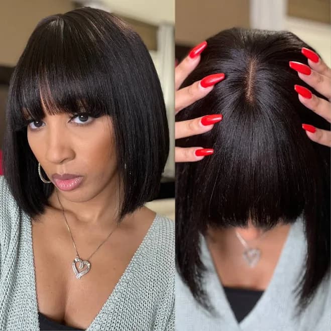 Luvmehair Put On And Go Realistic Glueless Yaki Straight Bob With Bangs Minimalist Undetectable Lace Wig 100% Human Hair