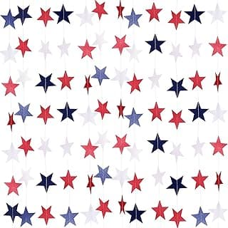 TecUnite 8 Strands Patriotic Star Streamers Banner Garland for 4th of July BBQ, Memorial Day, Veterans Day Party, Independence Day Celebration, Labor Day， Holiday Decorations, Red White Blue