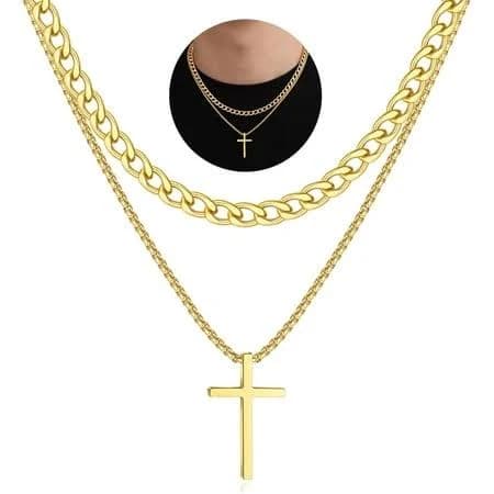 14K Gold Stainless Steel Cuban Link Cross Necklace for Men