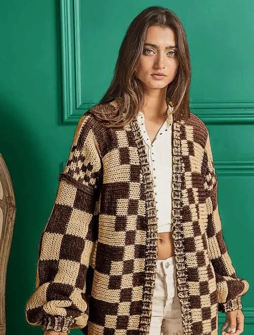 Oversized Checkerboard Chunky Cardigan Sweater-Dark Brown and Taupe