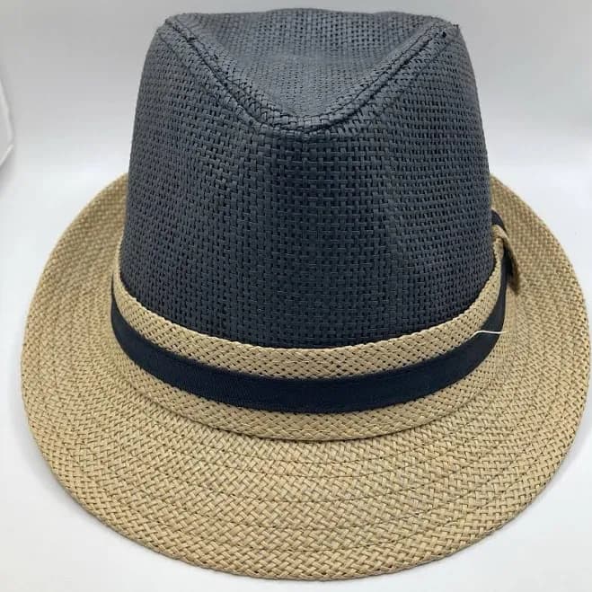 Black & Beige Straw Fedora Hat Black Ribbon Beach Summer 24.5 In