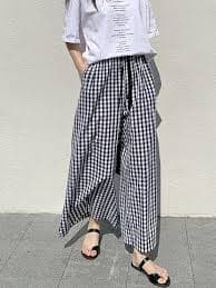 codcm Womens Gingham Wide Leg Culottes Pants Elastic Waist Plaid Palazzo Pants with Pockets(Black,X-Small) at Amazon Women's Clothing store