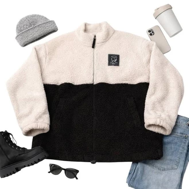 Ivory Ella Sherpa Fleece Half Zip Pullover Cream Black Colorblock