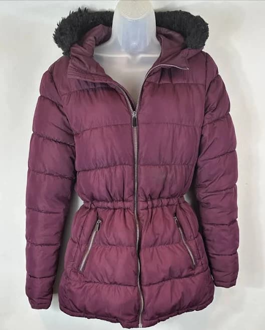 Gap Hooded Puffer Jacket Coat With Faux Fur Trim Burgundy Women’s Sz M