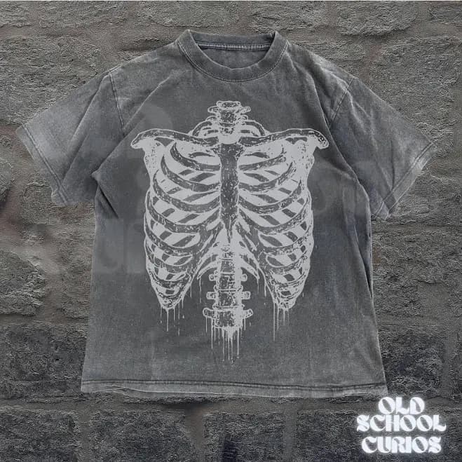 Rib Cage Skeleton Vintage 90s Style Graphic Shirt,Skeleton Comfort Colors Y2k Goth Retro Tee,2000s Emo Dark Art Clothes,Grunge Oversize