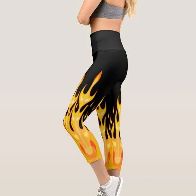 Women's Fire Flames On Black Capri Leggings