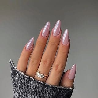 KQueenest Light Pink Press On Nails - Chrome Almond Medium, Sparkle Gel Fake Nails, Mirror Shine, Glitter Glue On Stiletto, Reusable Stick On for Women