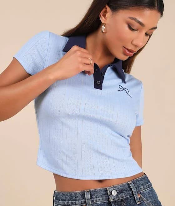 Lulus Pointelle Knit Cropped Polo Tee
