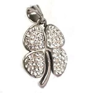 Stainless Steel 4 Leaf Clover Pendant with Clear Crystals