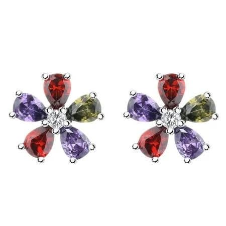 Sterling Silver Floral Stud Earrings with Multi-Gemstones