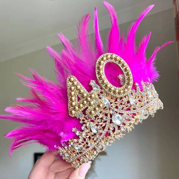 Hot Pink Feather Birthday Crown: Gold Personalized Tiara