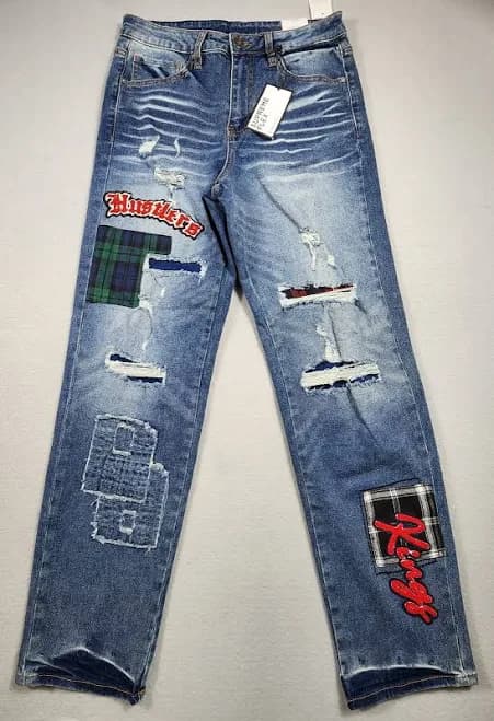 Distressed Loose Fit Jeans Straight Leg Patchwork Embroidered Mens