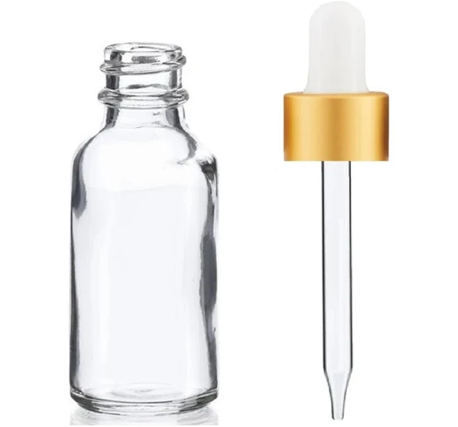2 oz CLEAR Glass Bottle - w/ White Matt Gold Dropper