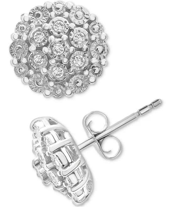 Bridge Diamond Sterling Silver Diamond Cluster Button Stud Earrings