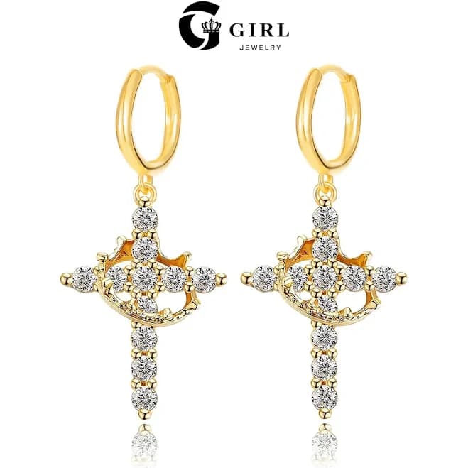 GGlRL Exquisite 18k Gold Plated Zirconia Crown Cross Earrings Drop Earrings for Women and Men&girls Easter Choker Chain Pretty Daily Party Clothing
