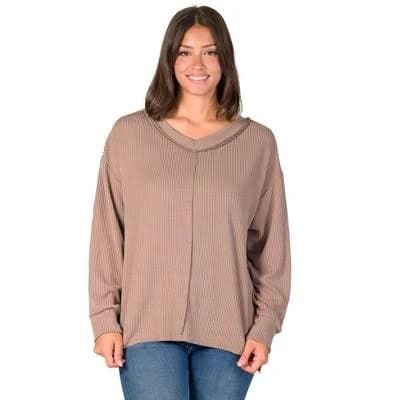 24seven Comfort Apparel Women's Relaxed Fit Ribbed Knit V Neck Sweater Top