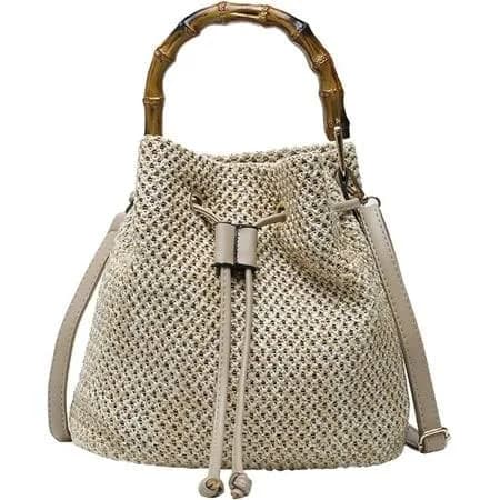 Women's Trendy Straw Bucket Bag with Bamboo Handle