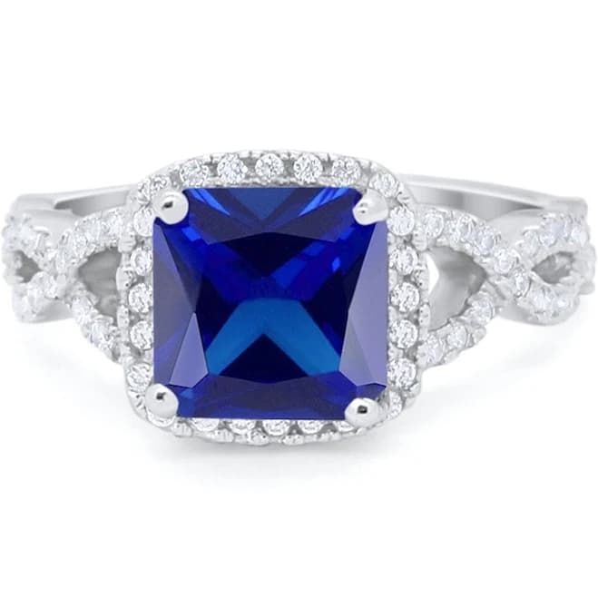 925 Sterling Silver Cushion Cut Simulated Blue Sapphire Halo Wedding Ring
