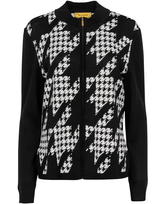 St. John - Black & White Houndstooth Print Zip-Up Knit Jacket Sz L