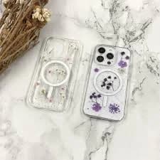Pressed dried pink purple flower magnetic clear case for iPhone 17 16 15 14 Pro Max 16e, Samsung S25 S24 A16 A36,Google Pixel 9 Pro 9A 10