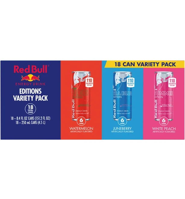 Red Bull Energy Drink Variety Pack, Red, Summer & Sea Blue, 80mg Caffeine, 8.4 fl. oz, 18 pack