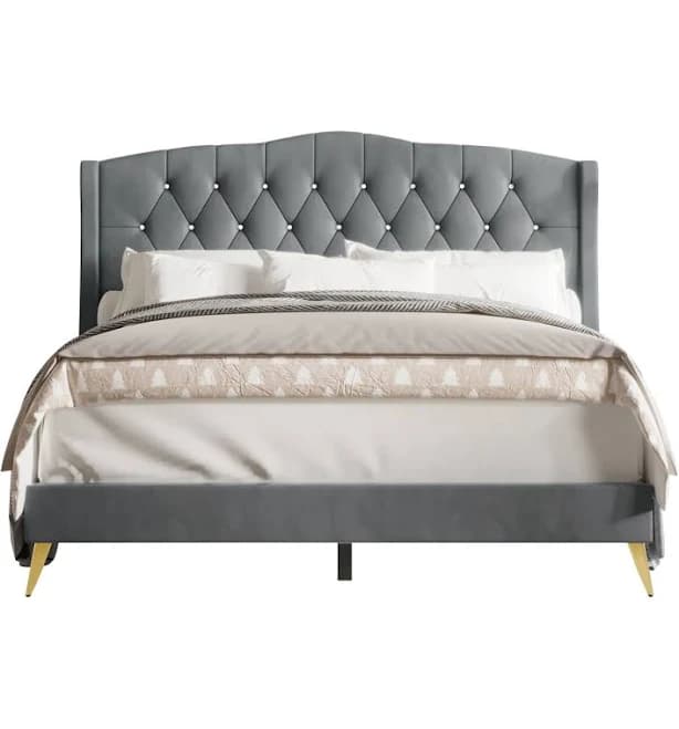 CraftPorch Velvet Diamond Button Tufted Upholstered Platform Bed