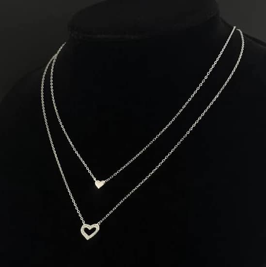 925 Sterling Silver Double Layer Heart Pendant Necklace with Zircon
