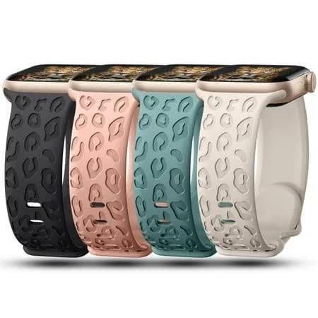 3d Magic 4 Pack Leopard Engraved Band Compatible with Apple Watch Band 38mm 40mm 44mm 45mm 49mm, Waterproof Cheetah Sport Silicone Wristbands