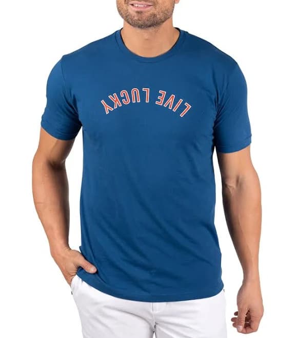 Retro Graphic Tee with Upside Down Live Lucky Logo