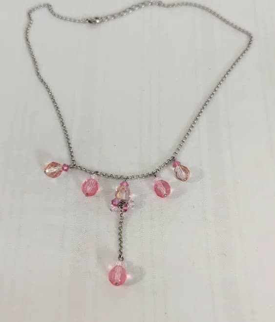 Silver Plated Pink Faceted Crystal Drop Necklace 14-16"