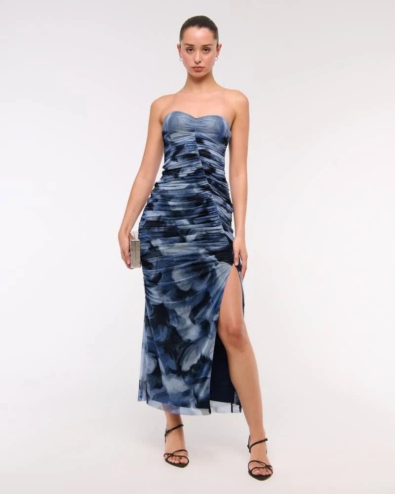 Abercrombie & Fitch Women's Strapless Ruched Mesh Maxi Dress