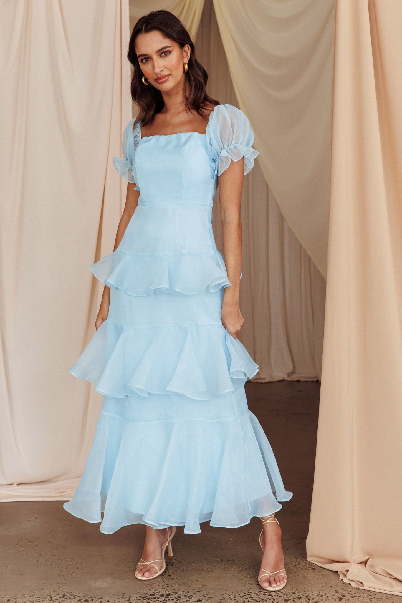 Shop the Delwynn Puff Sleeve Layered Midi Dress Blue