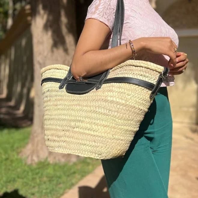 Handmade Straw French Beach Bag with Leather Straps