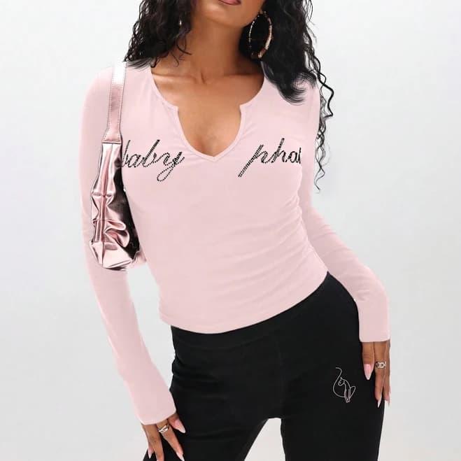 Babyphat Long Sleeve V Neck Rhinestone Top