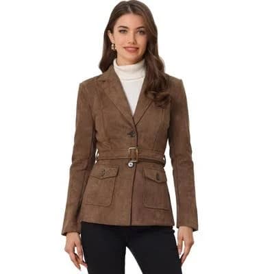 Inspire Chic Women's Faux Suede Belted Lapel Single Breasted Blazer