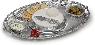 Arthur Court Designs Aluminum Grape 5-Piece Entertainment Cheese Chip and Dip Tray - Two Bowls, Spreader, Marble, Tray 20 inch x 13 inch