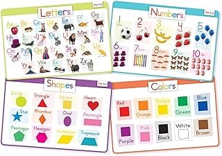 merka Silicone Learning Placemats for Toddlers - 4-Pack, 17 x 11 in, Multicolor - Reusable & Washable Mealtime Mats with Spill-Resistant Backing, Letters, Numbers, Shapes & Colors