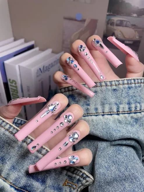 Luxury Pink Rhinestone Long Square Press On Nails - Bling Crystal False Nails, Handmade Reusable Acrylic Nail Set, Elegant Glam Nails