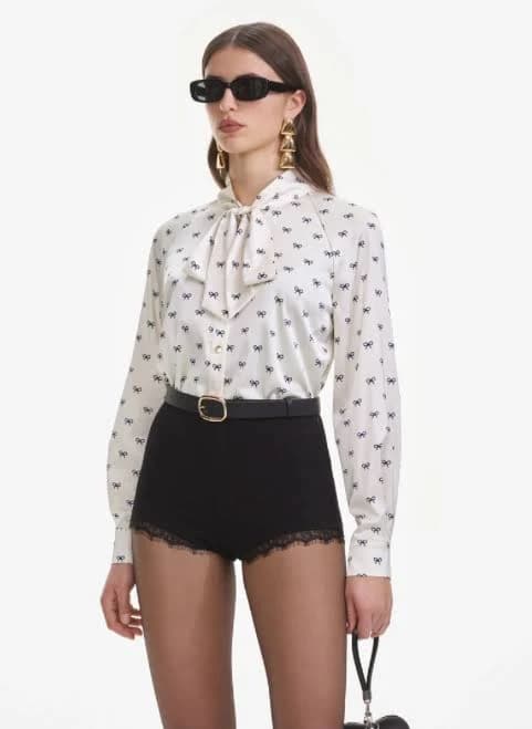 Self Portrait Satin Bow Print Blouse