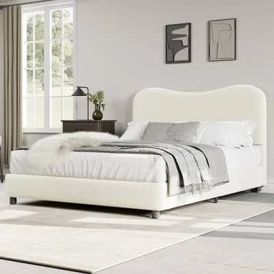 Beige Full Upholstered Headboard Low Profile Sturdy Platform Bed Frame