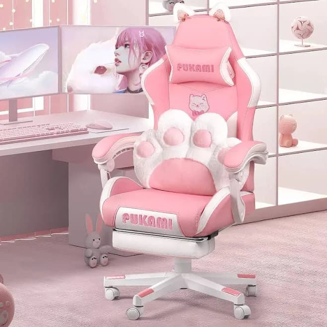 Pink Gaming Chair with Cat Paw Lumbar Cushion and Cat Ears