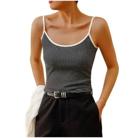 Women's Cyrboko Sleeveless Tank Tops for Casual Cotton Crew Neck Striped Spaghetti strap top