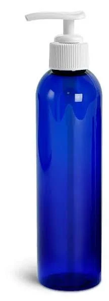 8 oz Blue PET Cosmo Round Bottles w/ White Lotion Pumps (Case of 24) | SKS Bottle & Packaging