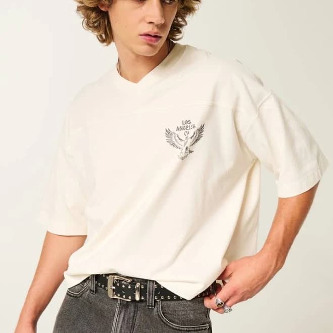 Hollister Men's Heavyweight Baggy Crop Detroit Graphic T-Shirt